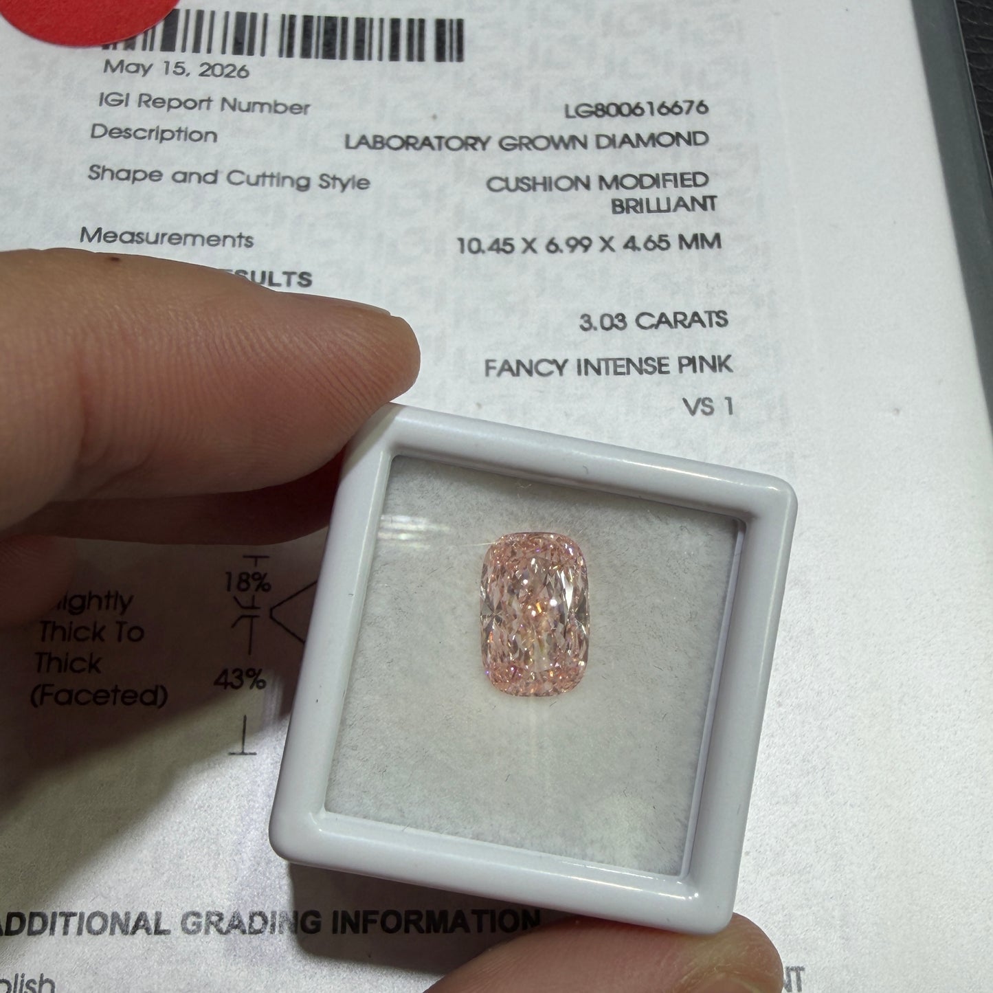 3.03ct Cushion Modified Brilliant Lab Grown Diamond (Fancy Intense Pink, VS1, IGI Certified)