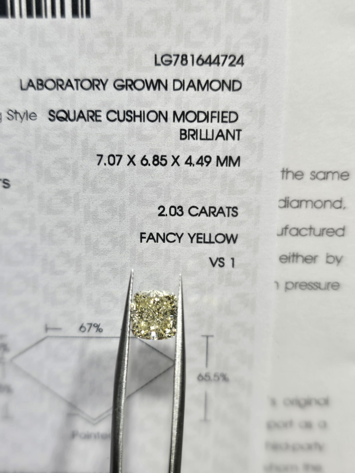 2.03ct Square Cushion Modified Brilliant Lab Grown Diamond (Fancy Yellow, VS1, IGI Certified)