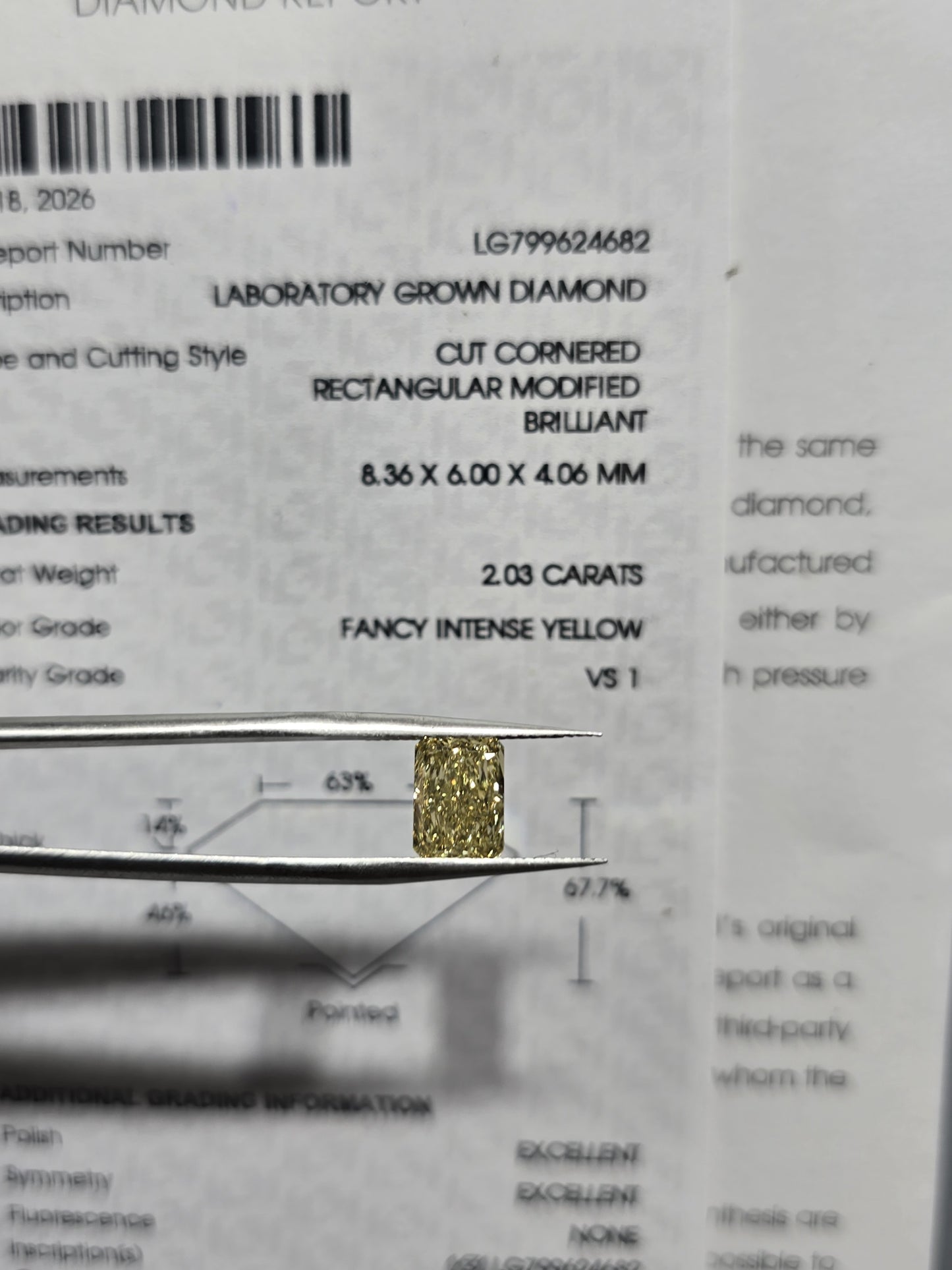 2.03ct Cut Cornered Rectangular Modified Brilliant Lab Grown Diamond (Colour Fancy Intense Yellow, Clarity VS1, IGI Certified)