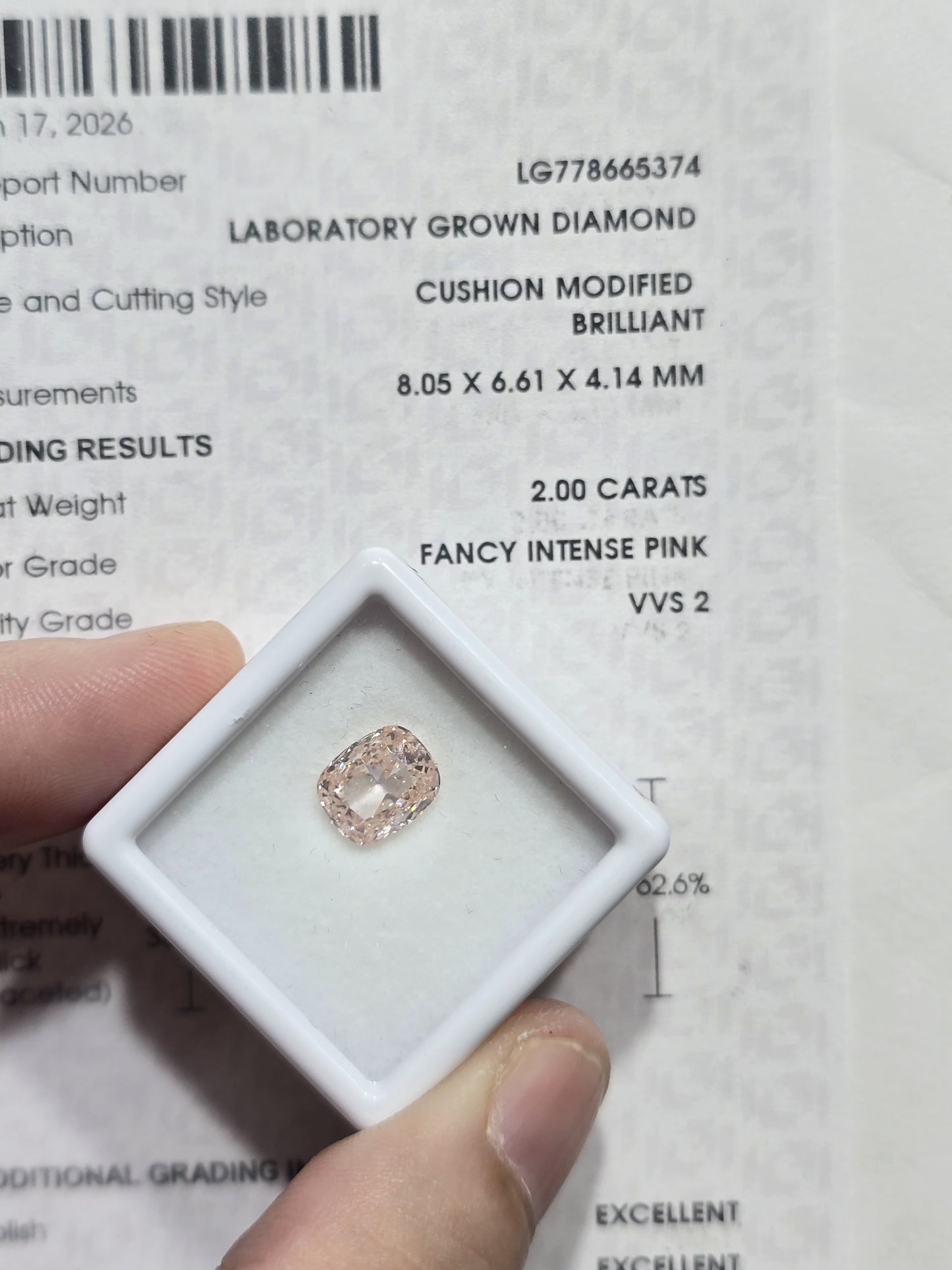 2.00ct Cushion Modified Brilliant Lab Grown Diamond (Fancy Intense Pink, VVS2, IGI Certified)
