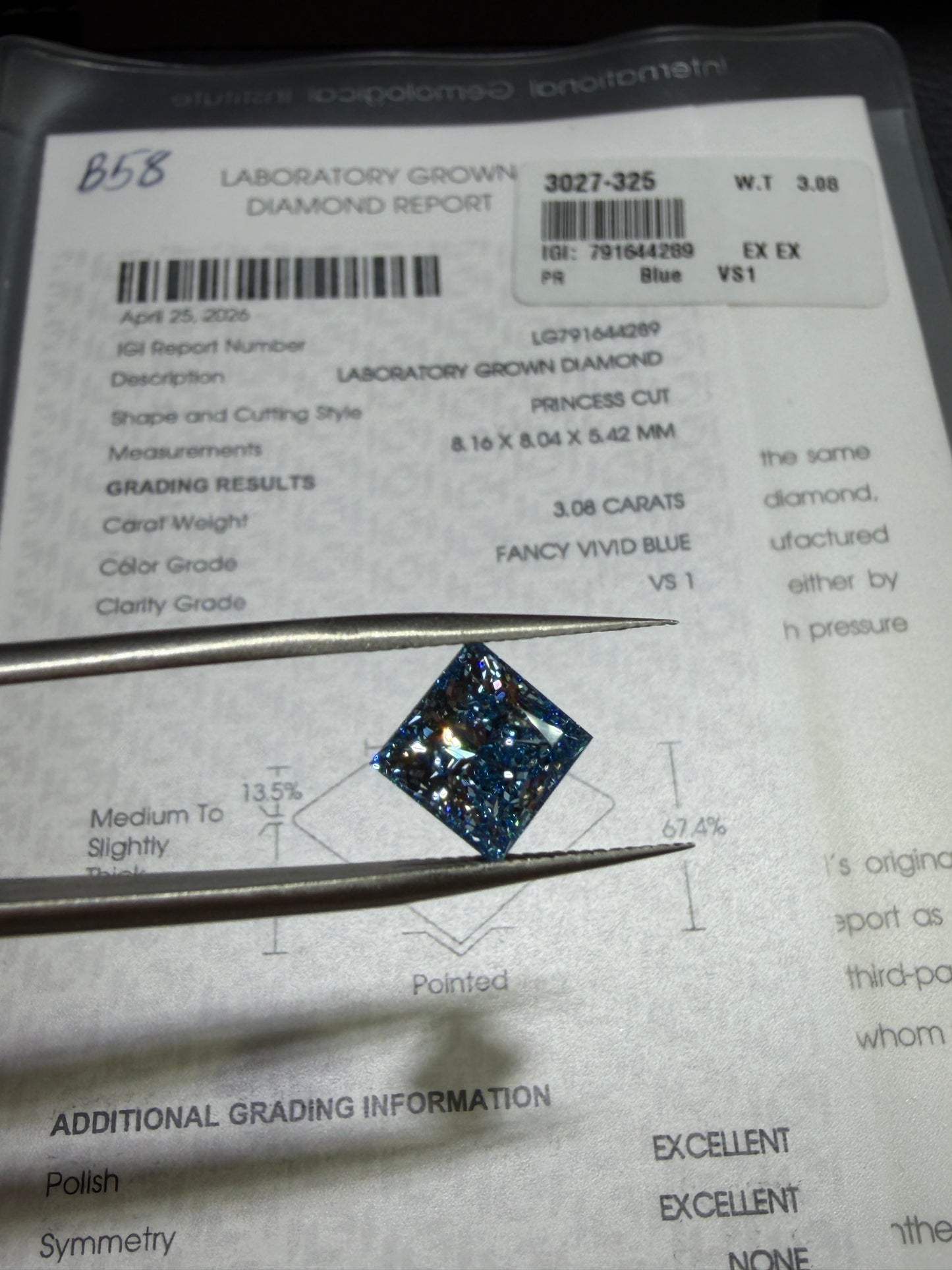 3.08ct Princess Cut Lab Grown Diamond (Fancy Vivid Blue, VS1, IGI Certified)