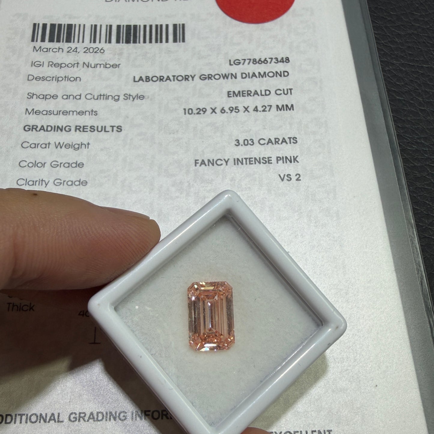 3.03ct Emerald Cut Lab Grown Diamond (Fancy Intense Pink, VS2, IGI Certified)