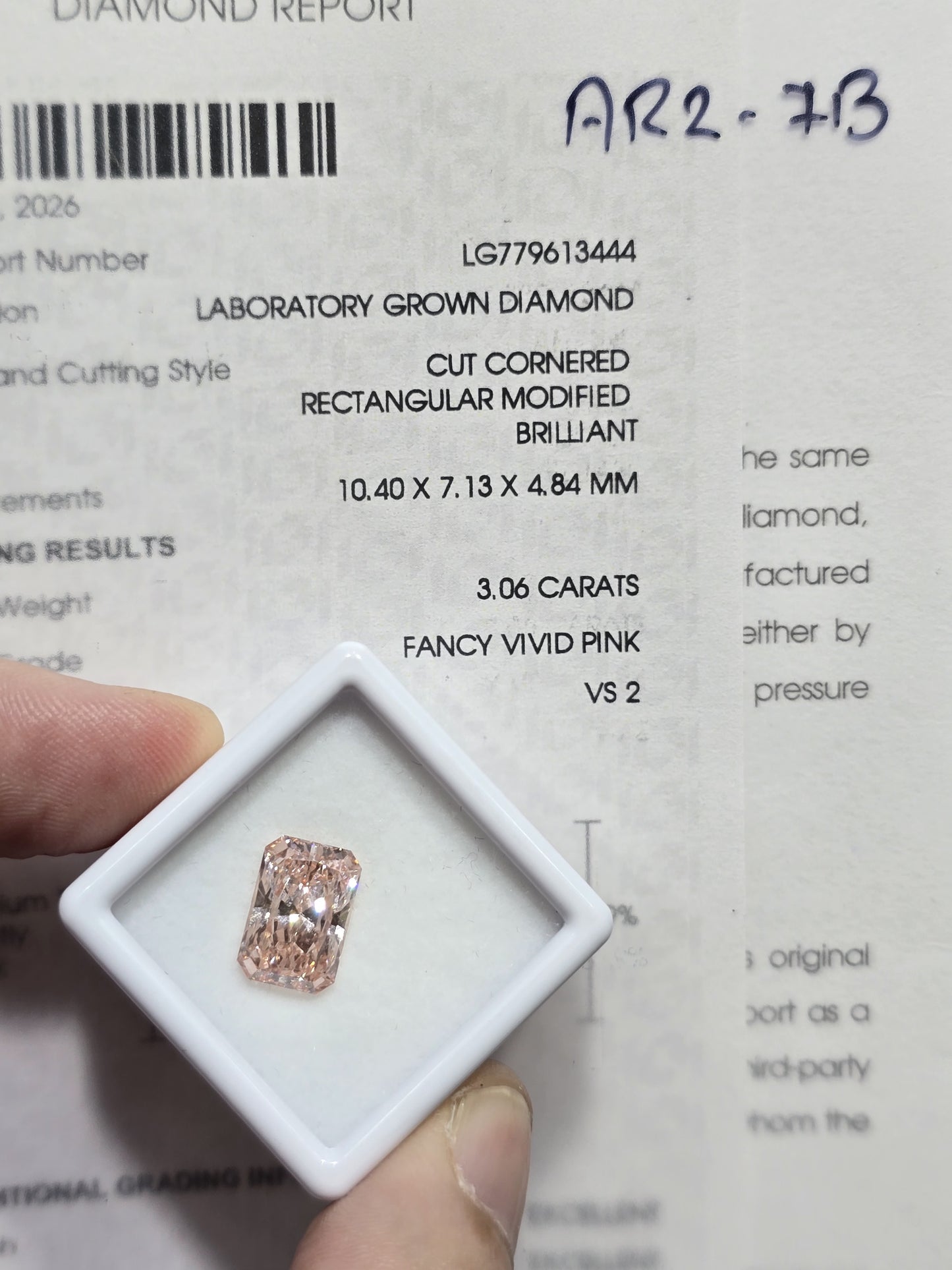 3.06ct Cut Cornered Rectangular Modified Brilliant Lab Grown Diamond (Fancy Vivid Pink, VS2, IGI Certified)