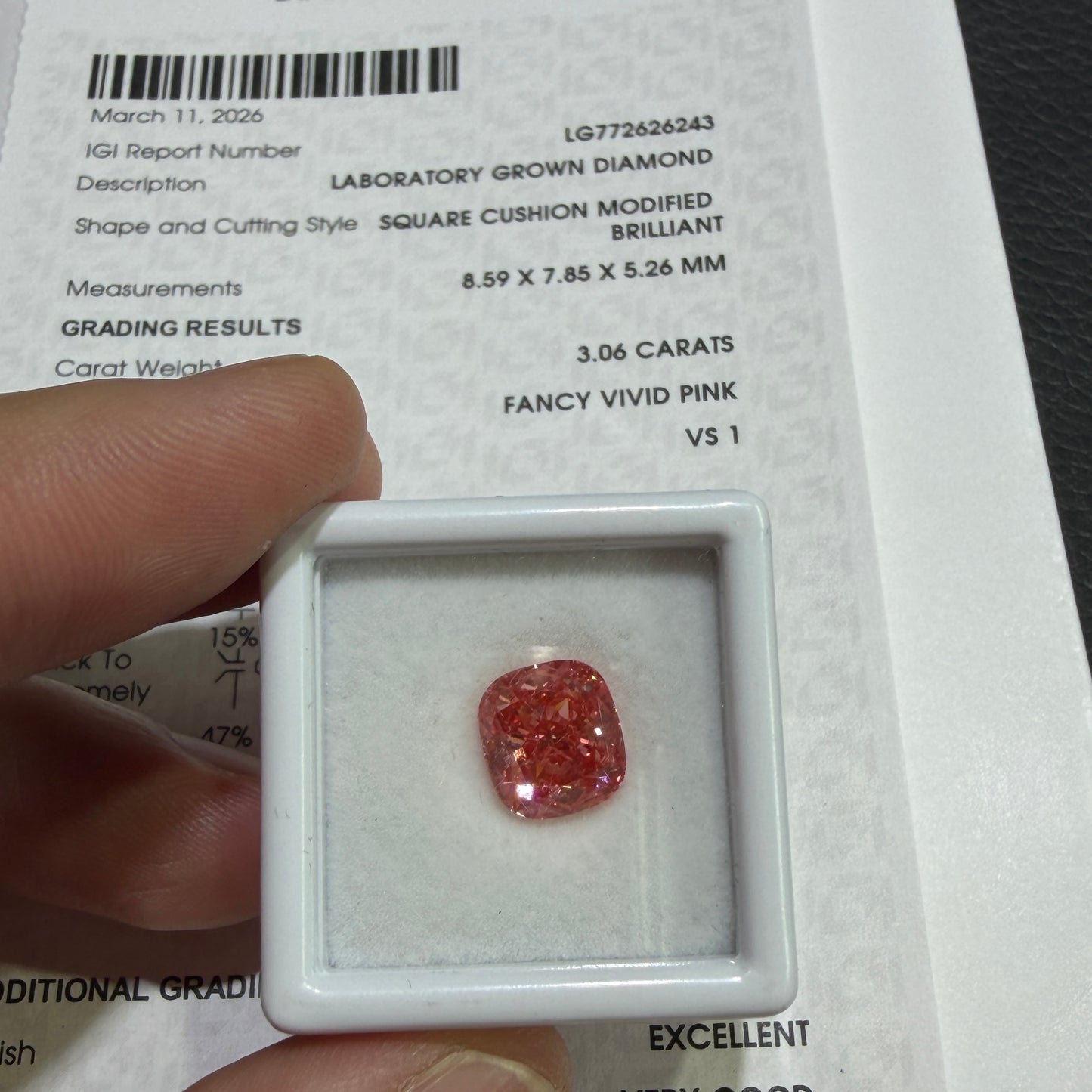 3.06ct Square Cushion Modified Brilliant Lab Grown Diamond (Fancy Vivid Pink, VS1, IGI Certified)
