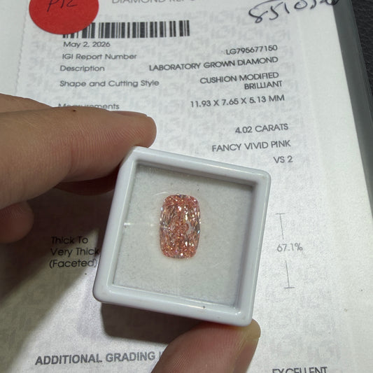 4.02ct Cushion Cut Lab Grown Diamond (Fancy Vivid Pink, VS2, IGI Certified)
