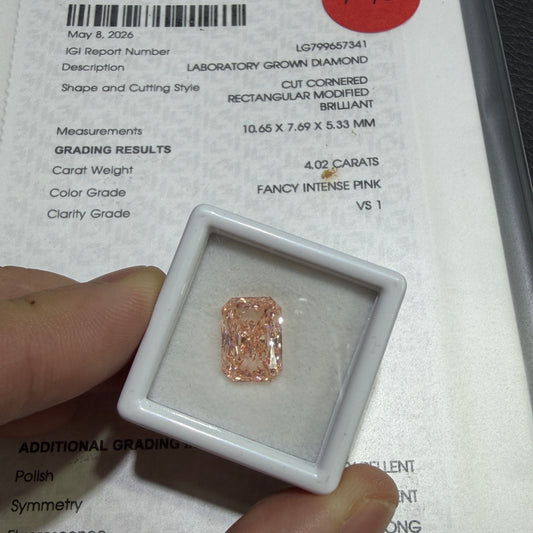 4.02ct Cut Cornered Rectangular Modified Brilliant Lab Grown Diamond (Fancy Intense Pink, VS1, IGI Certified)