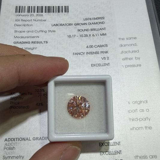 4.00ct Round Cut Lab Grown Diamond (Fancy Intense Pink, VS2, IGI Certified)