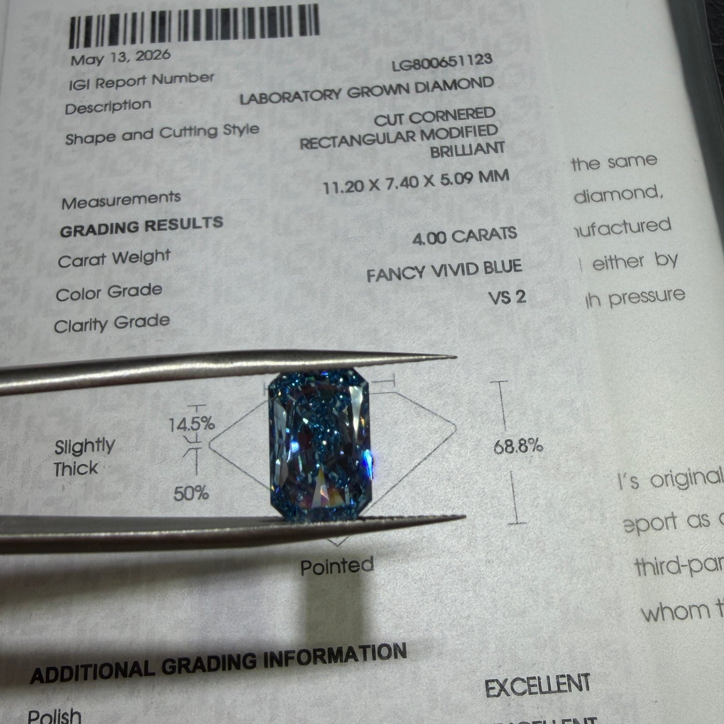 4.00ct Cut Cornered Rectangular Modified Brilliant Lab Grown Diamond (Fancy Vivid Blue, VS2, IGI Certified)