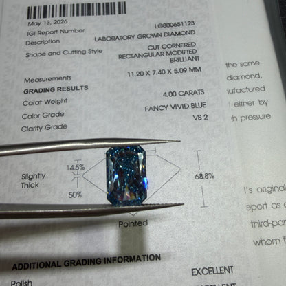 4.00ct Cut Cornered Rectangular Modified Brilliant Lab Grown Diamond (Fancy Vivid Blue, VS2, IGI Certified)