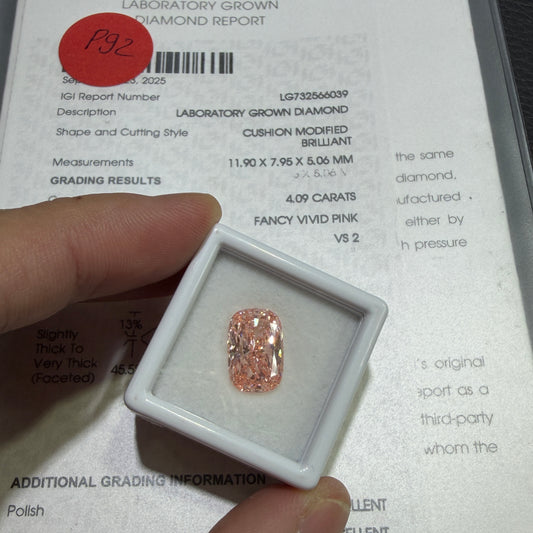 4.09ct Cushion Modified Brilliant Lab Grown Diamond (Fancy Vivid Pink, VS2, IGI Certified)