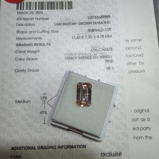 4.00ct Emerald Cut Lab Grown Diamond (Fancy Intense Brownish Pink, VS1, IGI Certified)
