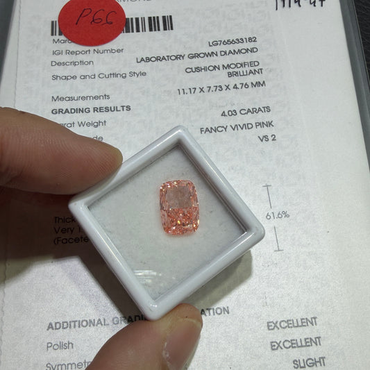 4.03ct Cushion Modified Brilliant Lab Grown Diamond (Fancy Vivid Pink, VS2, IGI Certified)