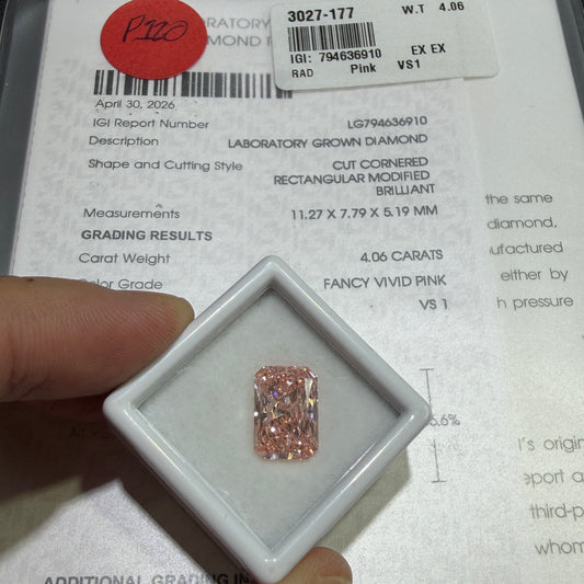 4.06ct Cut Cornered Rectangular Modified Brilliant Lab Grown Diamond (Fancy Vivid Pink, VS1, IGI Certified)