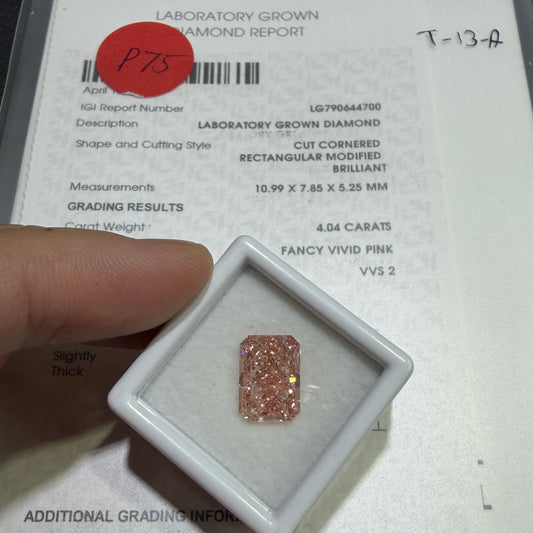 4.04ct Cut Cornered Rectangular Modified Brilliant Lab Grown Diamond (Fancy Vivid Pink, VVS2, IGI Certified)