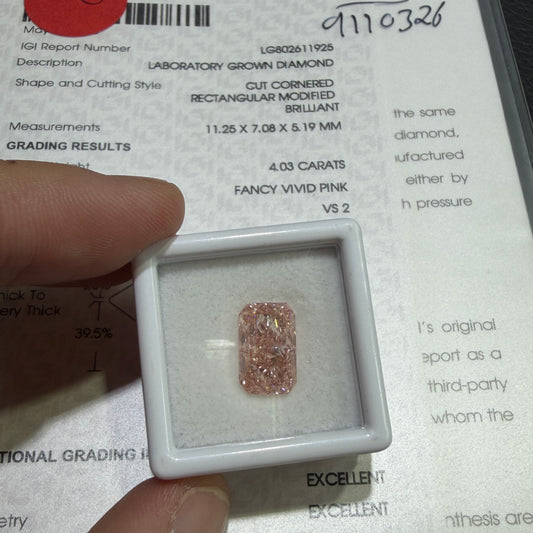 4.03ct Cut Cornered Rectangular Modified Brilliant Lab Grown Diamond (Fancy Vivid Pink, VS2, IGI Certified)