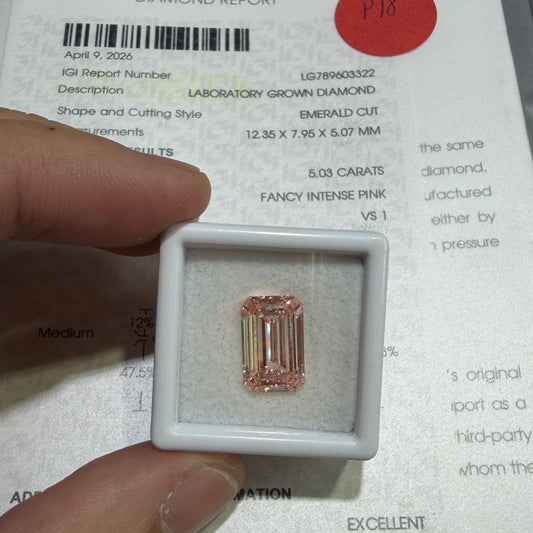 5.03ct Emerald Cut Lab Grown Diamond (Fancy Intense Pink, VS1, IGI Certified)