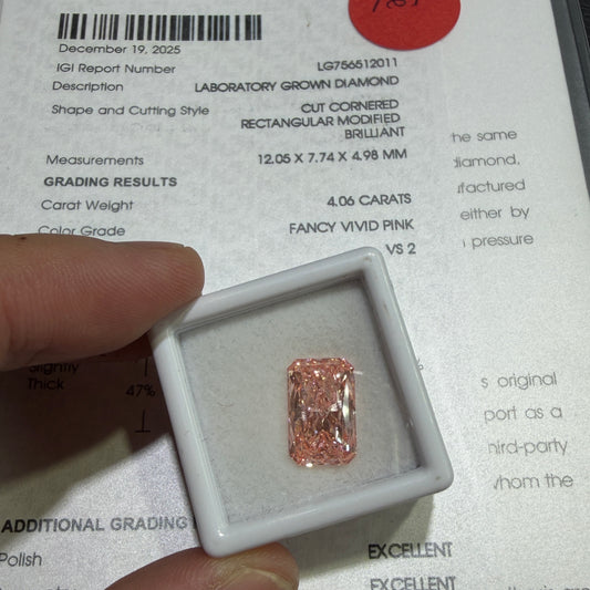 4.06ct Cut Cornered Rectangular Modified Brilliant Lab Grown Diamond (Fancy Vivid Pink, VS2, IGI Certified)