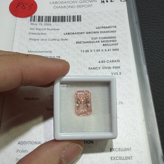 4.03ct Cut Cornered Rectangular Modified Brilliant Lab Grown Diamond (Fancy Vivid Pink, VVS2, IGI Certified)