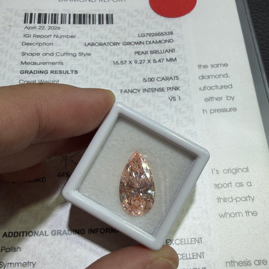 5.00ct Pear Brilliant Lab Grown Diamond (Fancy Intense Pink, VS1, IGI Certified)