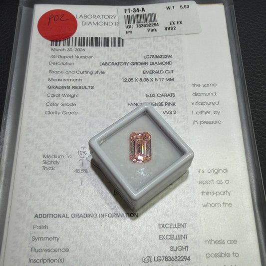 5.03ct Emerald Cut Lab Grown Diamond (Fancy Intense Pink, VVS2, IGI Certified)