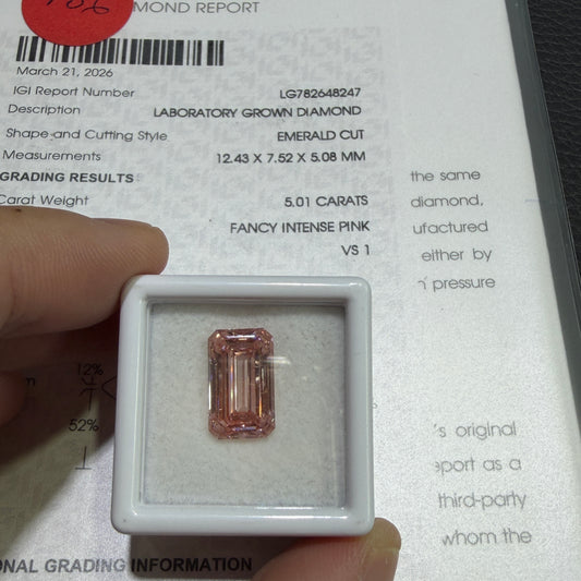 5.01ct Emerald Cut Lab Grown Diamond (Fancy Intense Pink, VS1, IGI Certified)