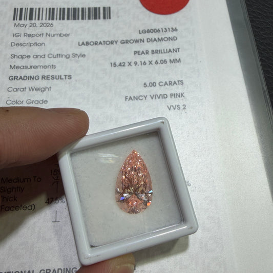 5.00ct Pear Brilliant Lab Grown Diamond (Fancy Vivid Pink, VVS2, IGI Certified)
