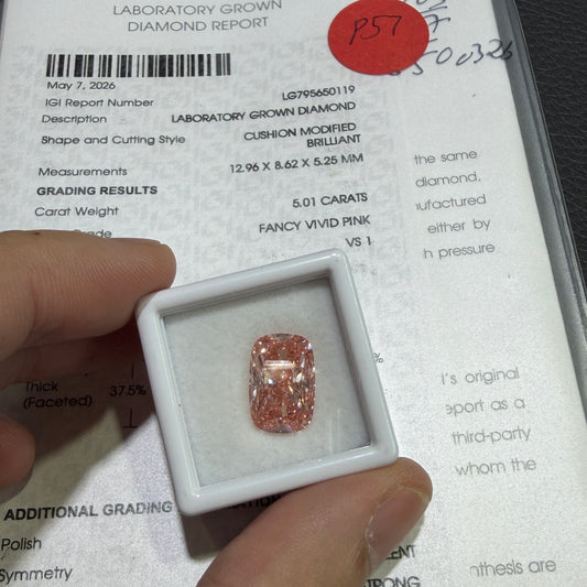 5.01ct Cushion Modified Brilliant Lab Grown Diamond (Fancy Vivid Pink, VS1, IGI Certified)