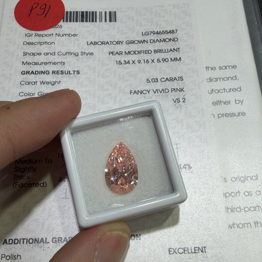 5.03ct Pear Modified Brilliant Lab Grown Diamond (Fancy Vivid Pink, VS2, IGI Certified)