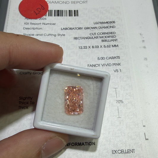 5.00ct Cut Cornered Rectangular Modified Brilliant Lab Grown Diamond (Fancy Vivid Pink, VS1, IGI Certified)