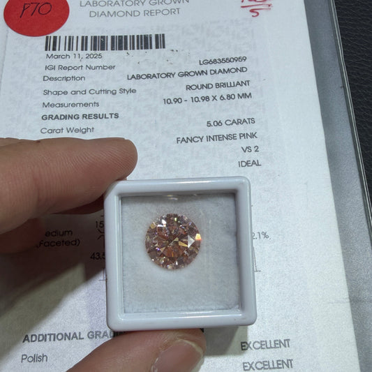 5.06ct Round Brilliant Lab Grown Diamond (Fancy Intense Pink, VS2, IGI Certified)