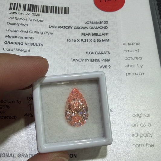 5.04ct Pear Brilliant Lab Grown Diamond (Fancy Intense Pink, VVS2, IGI Certified)