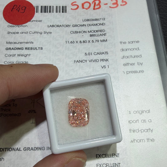 5.01ct Cushion Modified Brilliant Lab Grown Diamond (Fancy Vivid Pink, VS1, IGI Certified)