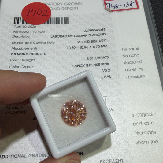 5.01ct Round Brilliant Lab Grown Diamond (Fancy Intense Pink, VS2, IGI Certified)