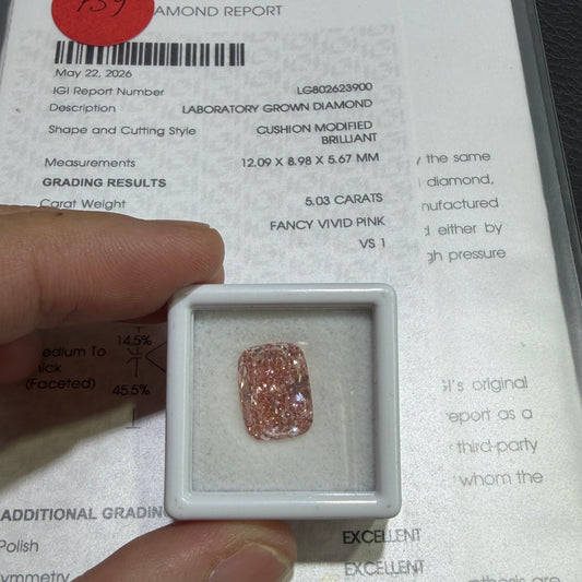 5.03ct Cushion Modified Brilliant Lab Grown Diamond (Fancy Vivid Pink, VS1, IGI Certified)
