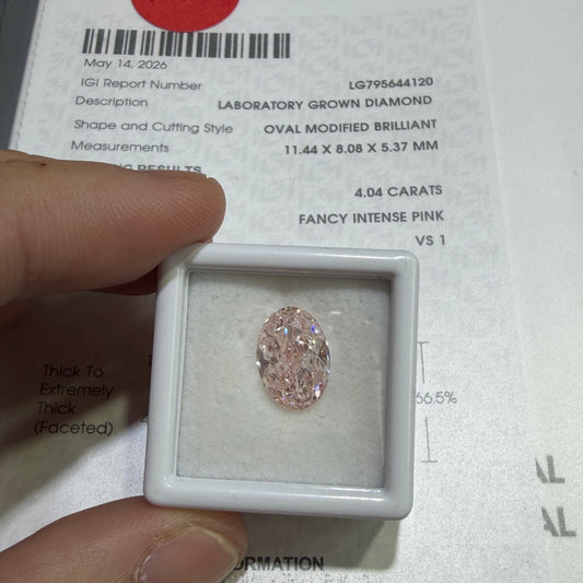 4.04ct Oval Modified Brilliant Lab Grown Diamond (Fancy Intense Pink, VS1, IGI Certified)