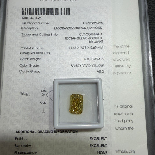 5.00ct Cut Cornered Rectangular Modified Brilliant Lab Grown Diamond (Fancy Vivid Yellow, VS2, IGI Certified)