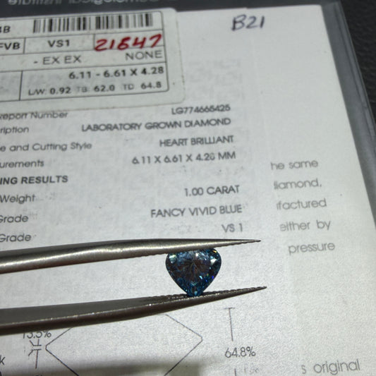 1.00ct Heart Brilliant Lab Grown Diamond (Fancy Vivid Blue, VS1, IGI Certified)