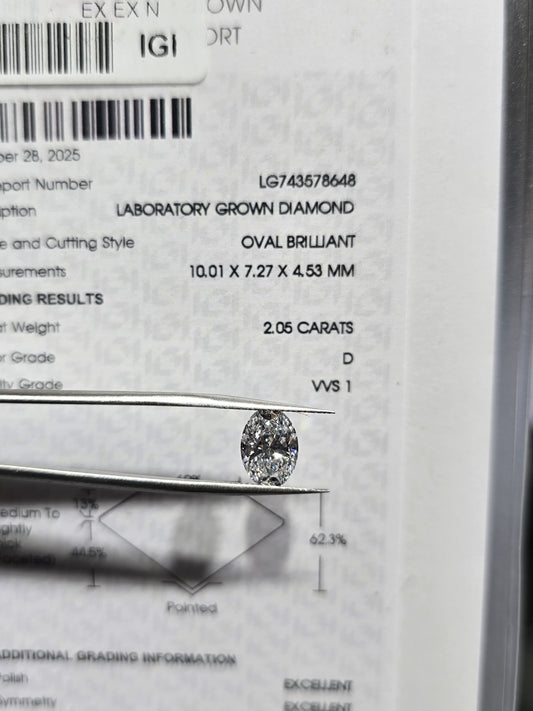 2.05ct Oval Brilliant Lab Grown Diamond (D, VVS1, IGI Certified)