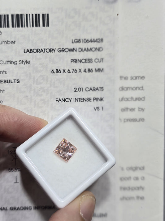 2.01ct Princess Lab Grown Diamond (Colour Fancy Intense Pink, Clarity VS1, IGI Certified)