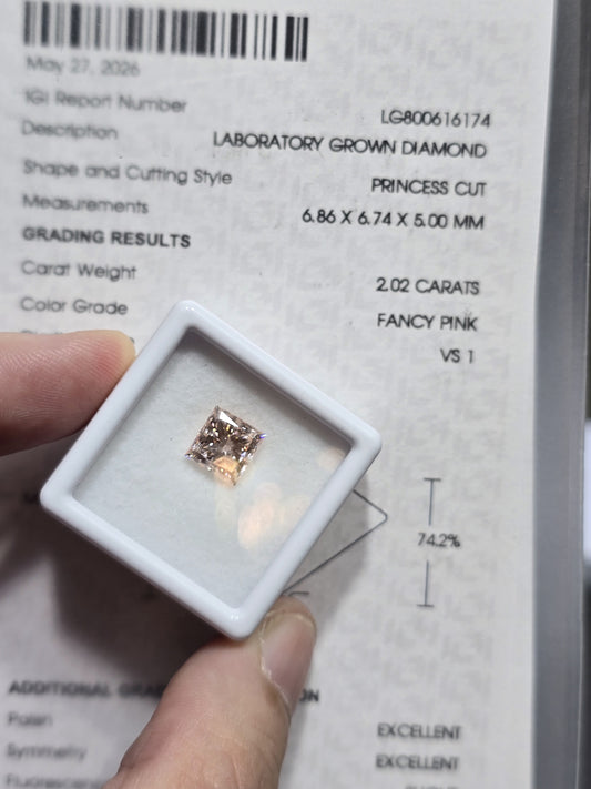 2.02ct Princess Lab Grown Diamond (Colour Fancy Pink, Clarity VS1, IGI Certified)