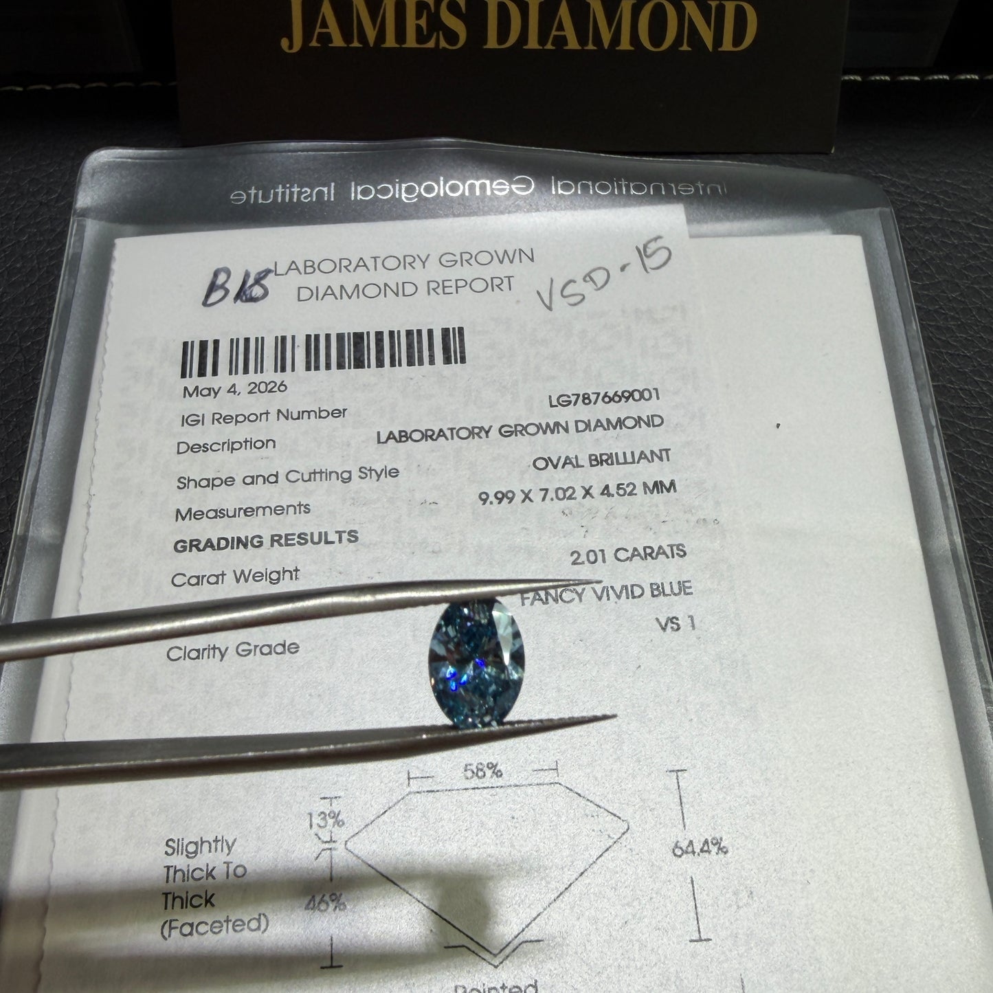 2.01ct Oval Brilliant Lab Grown Diamond (Fancy Vivid Blue, VS1, IGI Certified)