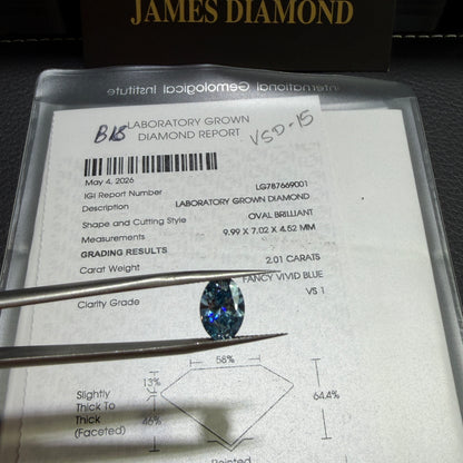2.01ct Oval Brilliant Lab Grown Diamond (Fancy Vivid Blue, VS1, IGI Certified)