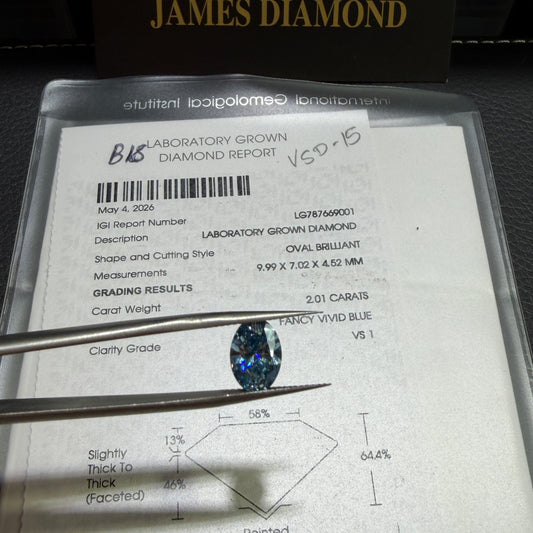 2.01ct Oval Brilliant Lab Grown Diamond (Fancy Vivid Blue, VS1, IGI Certified)
