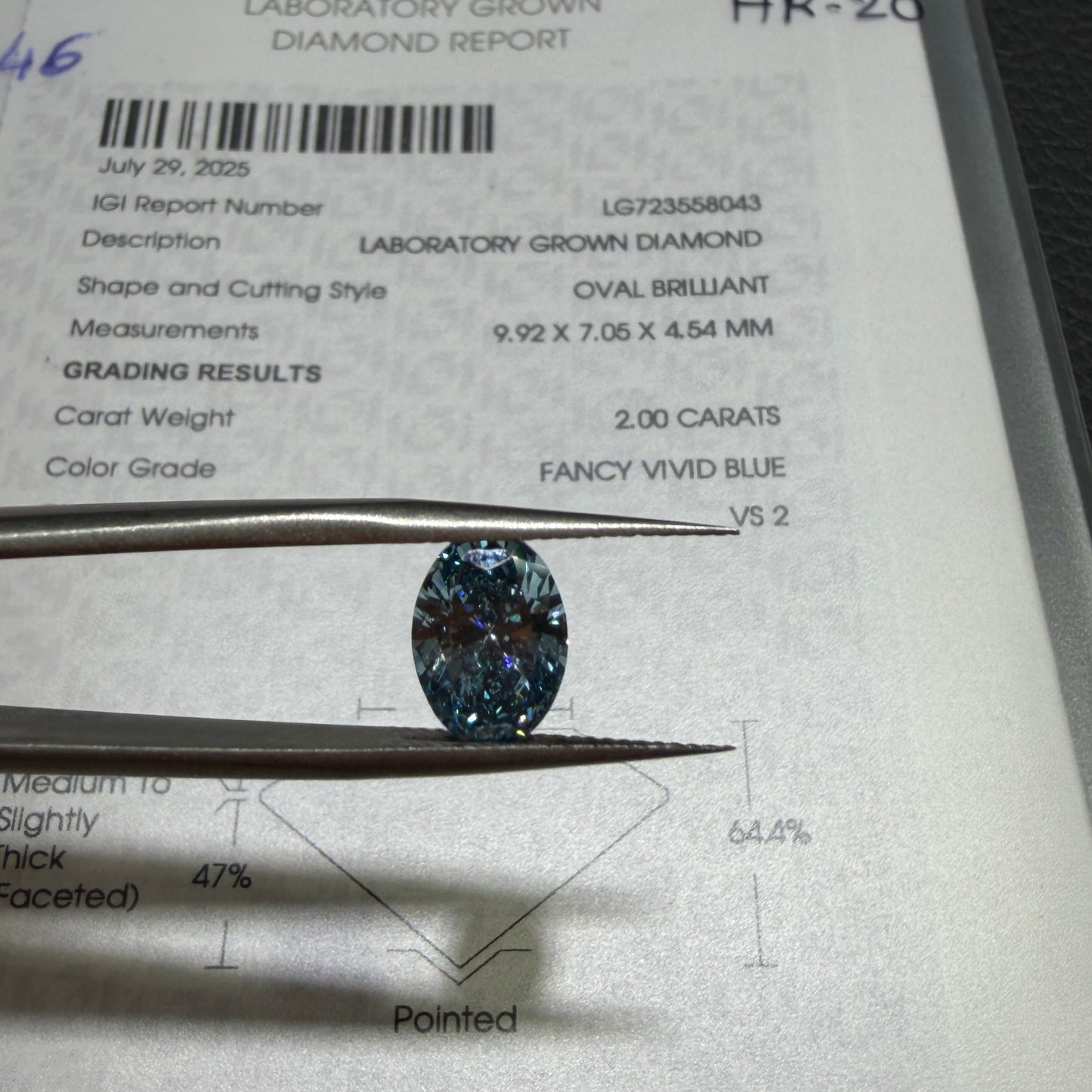2.00ct Oval Brilliant Lab Grown Diamond (Fancy Vivid Blue, VS2, IGI Certified)