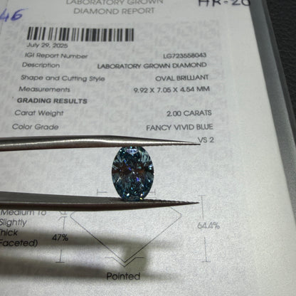 2.00ct Oval Brilliant Lab Grown Diamond (Fancy Vivid Blue, VS2, IGI Certified)