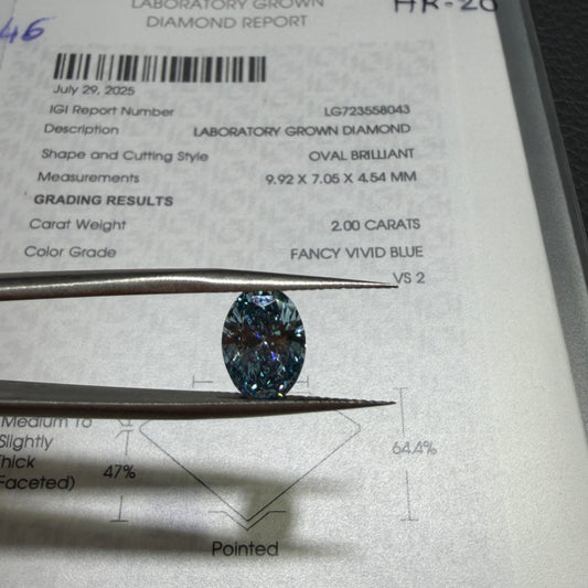 2.00ct Oval Brilliant Lab Grown Diamond (Fancy Vivid Blue, VS2, IGI Certified)