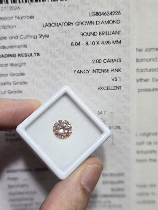 2.00ct Round Brilliant Lab Grown Diamond (Colour Fancy Intense Pink, Clarity VS1, IGI Certified)