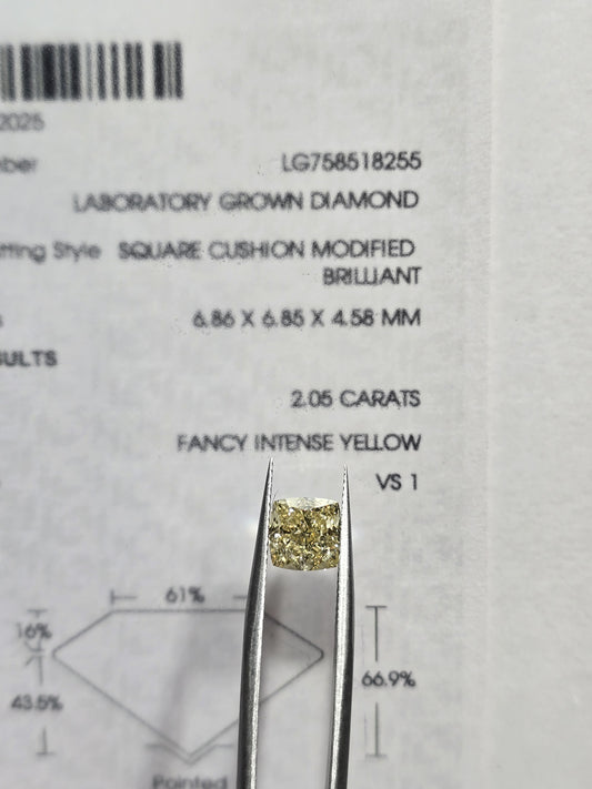 2.05ct Square Cushion Modified Lab Grown Diamond (Colour Fancy Intense Yellow, Clarity VS1, IGI Certified)