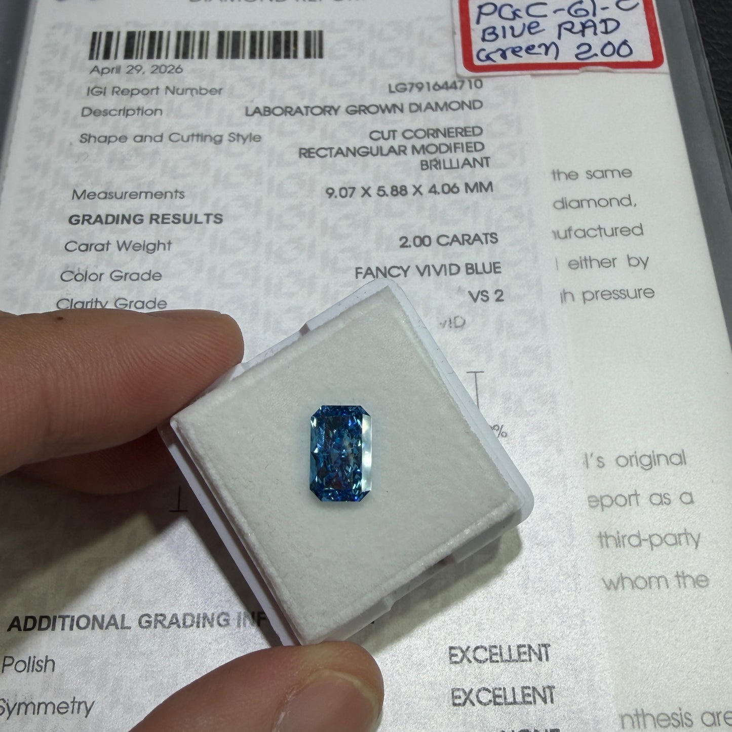 2.00ct Cut Cornered Rectangular Modified Brilliant Lab Grown Diamond (Fancy Vivid Blue, VS2, IGI Certified)