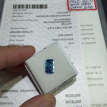 2.00ct Cut Cornered Rectangular Modified Brilliant Lab Grown Diamond (Fancy Vivid Blue, VS2, IGI Certified)